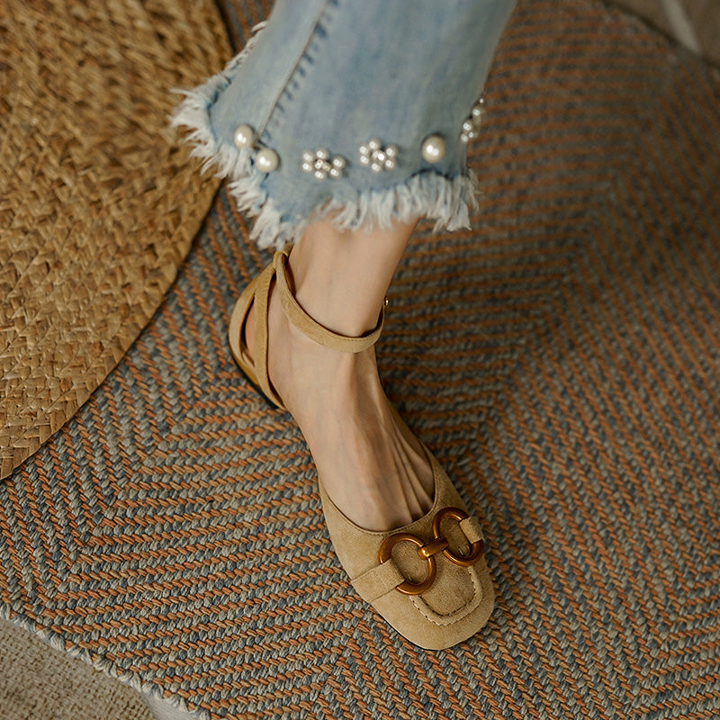 Dina Suede Handmade Ankle Strap Flats with Chain NEW GEW