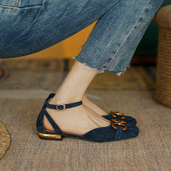Dina Suede Handmade Ankle Strap Flats with Chain NEW GEW