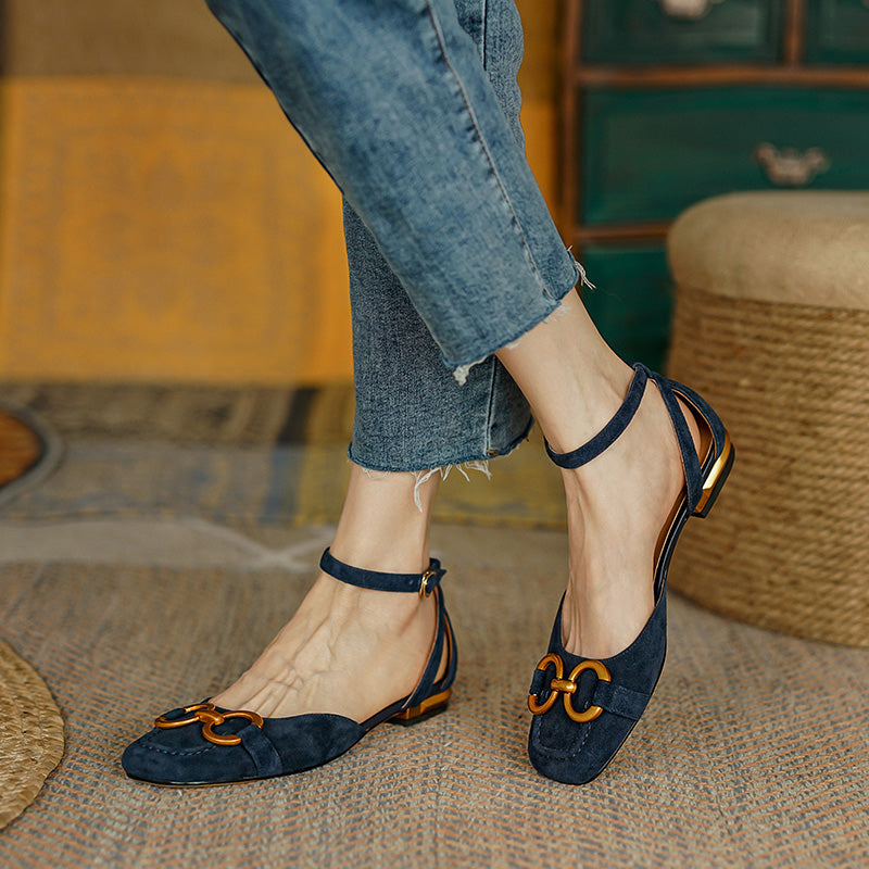 Dina Suede Handmade Ankle Strap Flats with Chain NEW GEW