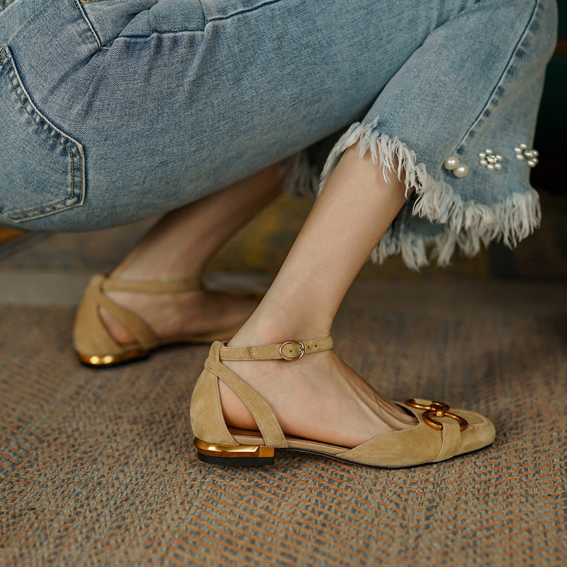 Dina Suede Handmade Ankle Strap Flats with Chain NEW GEW
