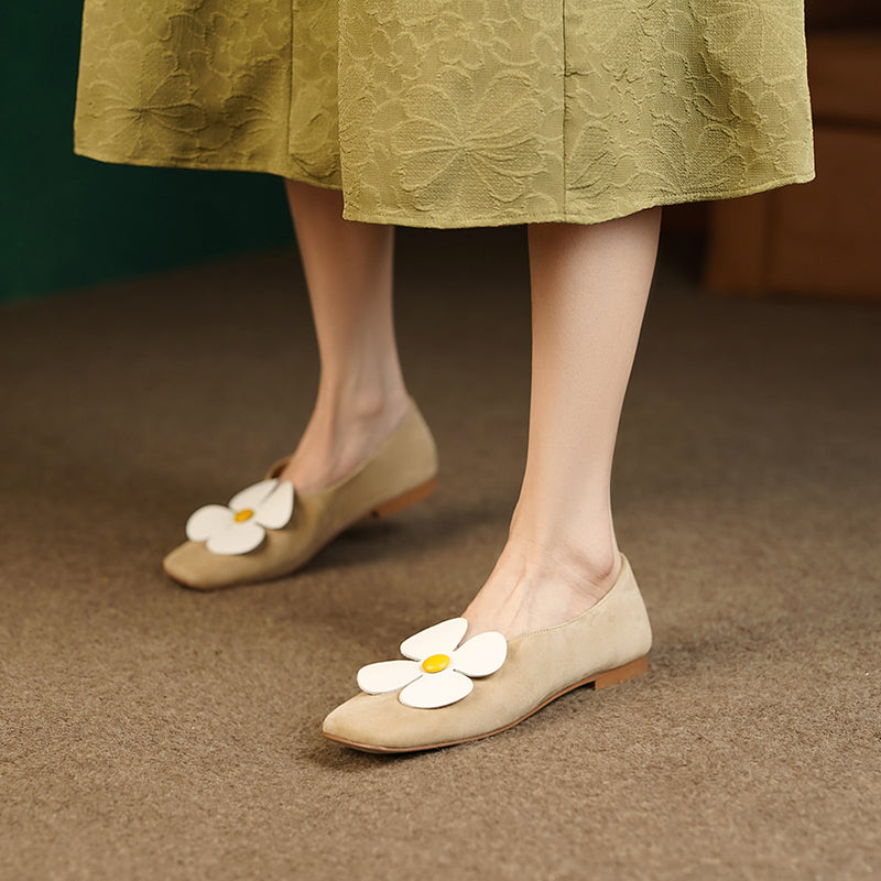 Iman Camel Suede Square Toe Floral Flats Newgew