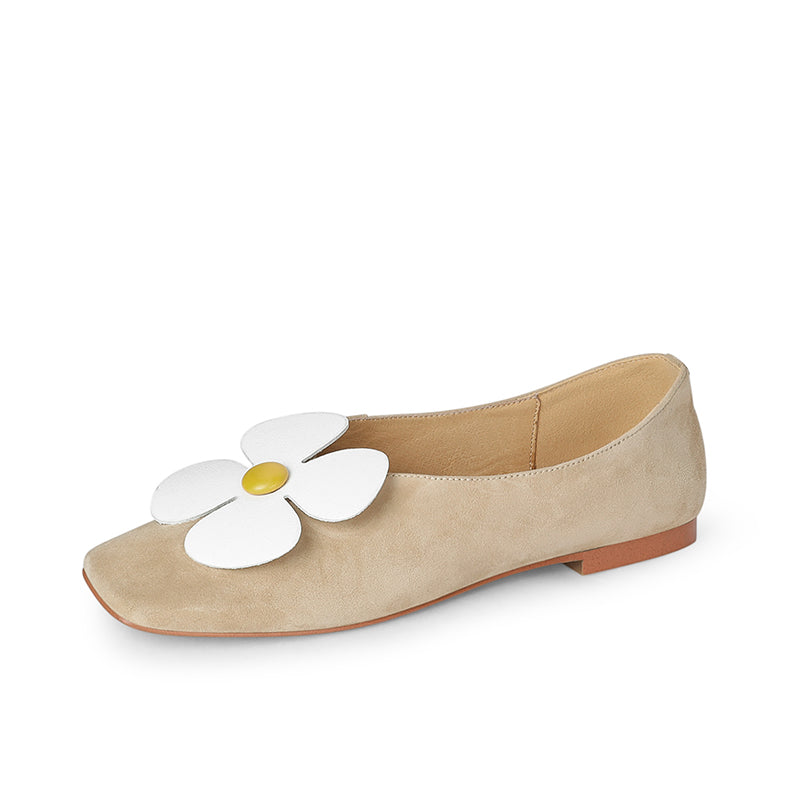 Iman Camel Suede Square Toe Floral Flats Newgew