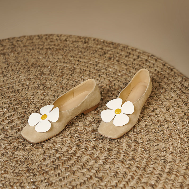 Iman Camel Suede Square Toe Floral Flats Newgew