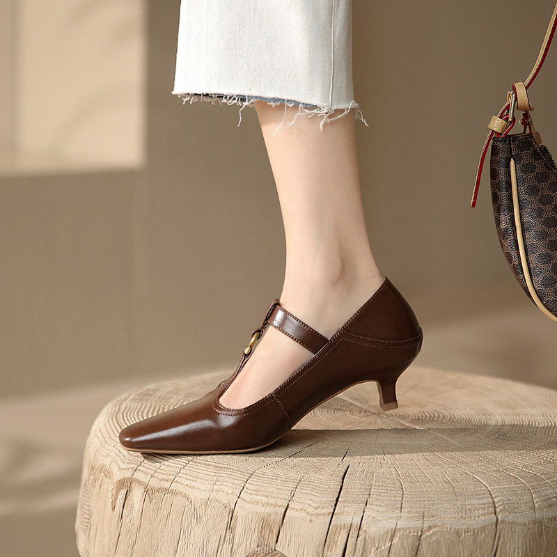 Flora Vintage T Strap Heels Brown Newgew