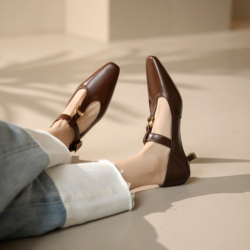 Flora Vintage T Strap Heels Brown Newgew