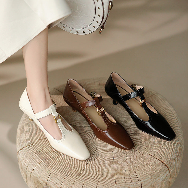 Flora Vintage T Strap Heels Beige Newgew