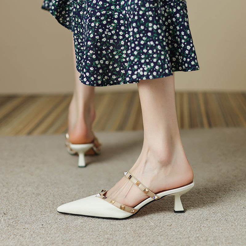 Dawsyn Rivet Studded Pointy Toe Kitten Heel Mules NEW GEW