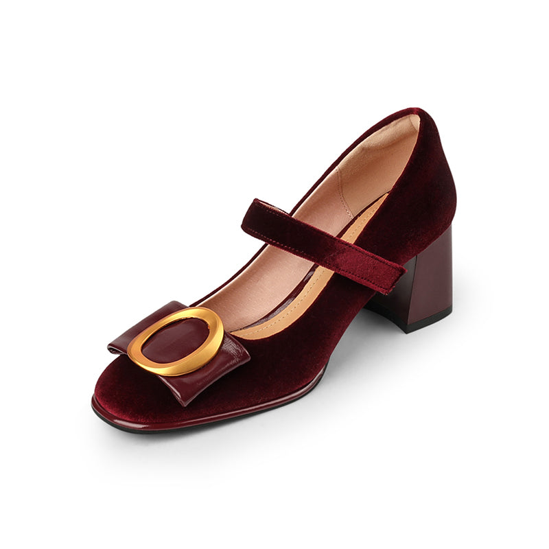 Inaya Mary Jane Burgundy Velvet Heels Newgew