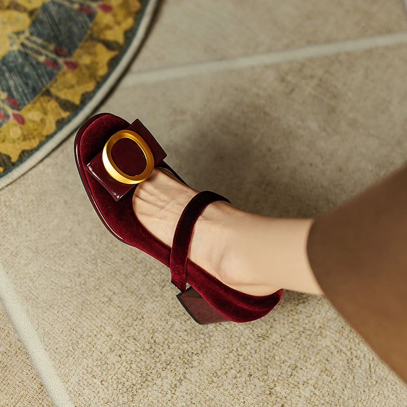 Inaya Mary Jane Burgundy Velvet Heels Newgew