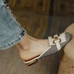 Elin Vintage Plaid Flat Mules-White NEW GEW