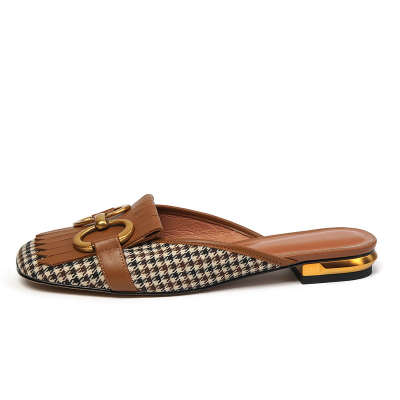 Elin Vintage Plaid Flat Mules-Brown NEW GEW