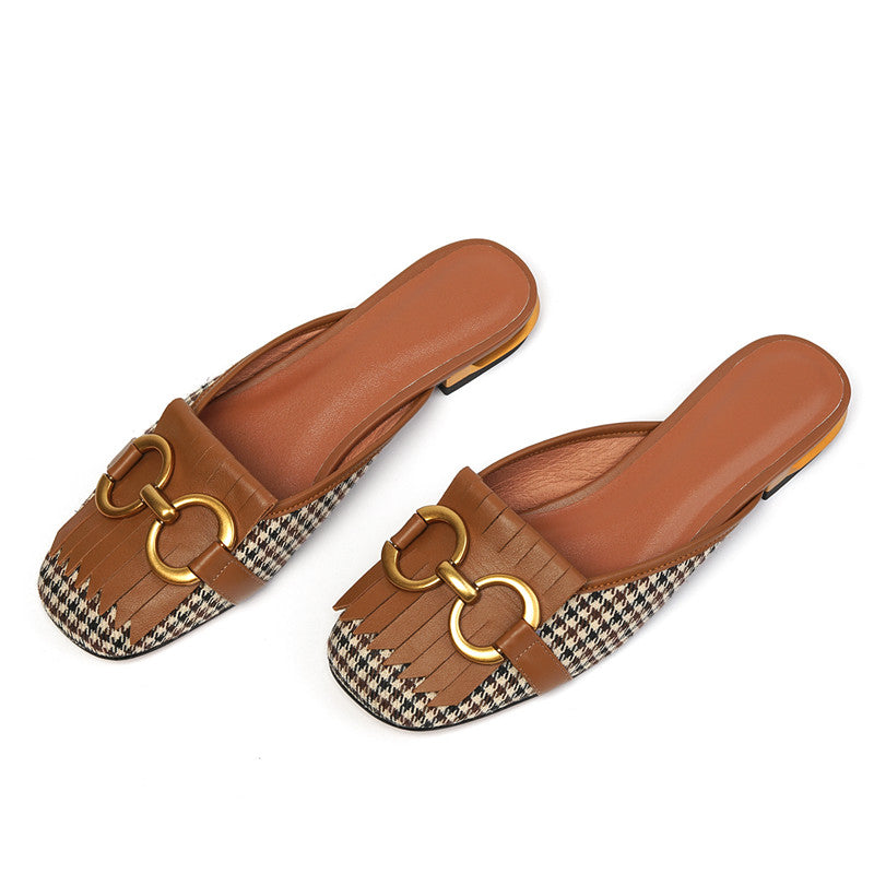 Elin Vintage Plaid Flat Mules-Brown NEW GEW