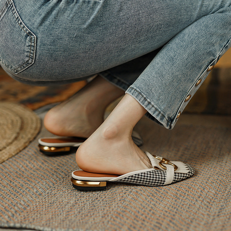 Elin Vintage Plaid Flat Mules-White NEW GEW