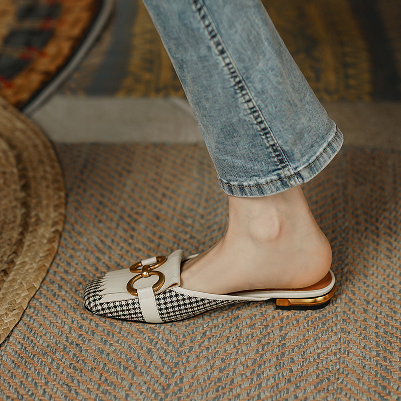 Elin Vintage Plaid Flat Mules-White NEW GEW