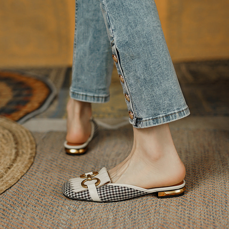 Elin Vintage Plaid Flat Mules-White NEW GEW