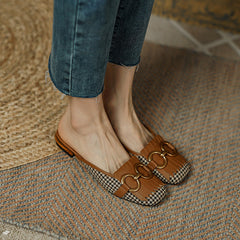 Elin Vintage Plaid Flat Mules-Brown NEW GEW