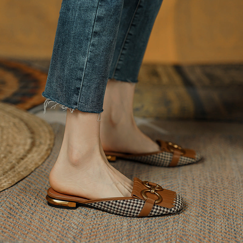 Elin Vintage Plaid Flat Mules-Brown NEW GEW