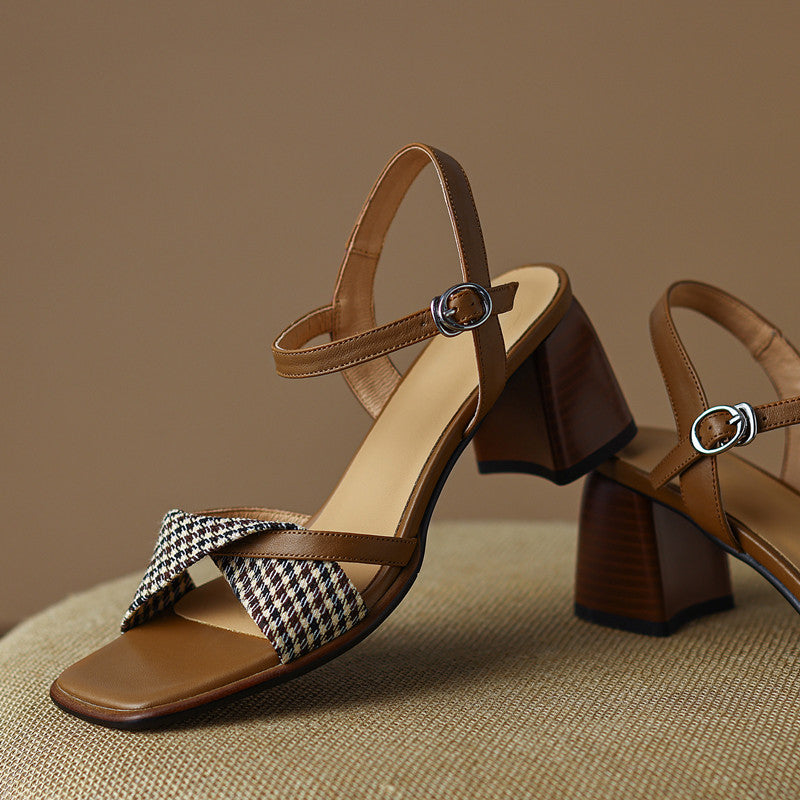 Daenerys Vintage Plaid Handmade Chunky Heel Sandals NEW GEW