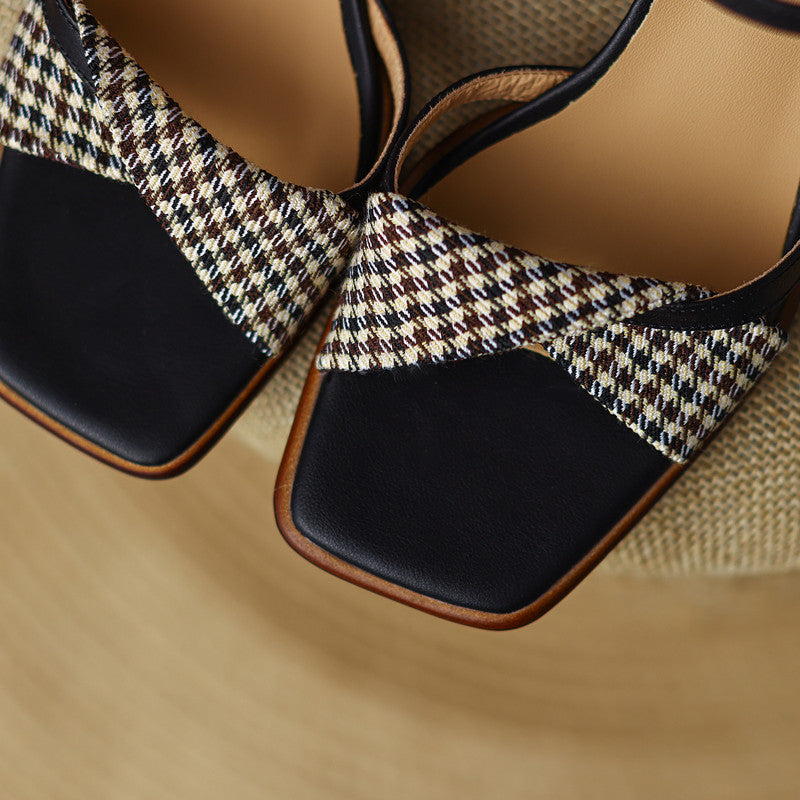 Daenerys Vintage Plaid Handmade Chunky Heel Sandals NEW GEW