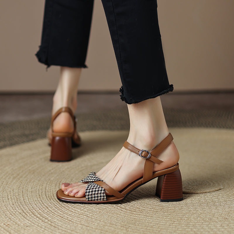 Daenerys Vintage Plaid Handmade Chunky Heel Sandals NEW GEW