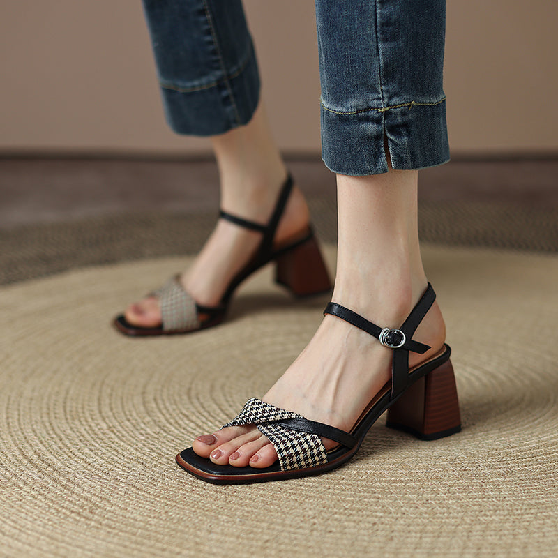 Daenerys Vintage Plaid Handmade Chunky Heel Sandals NEW GEW